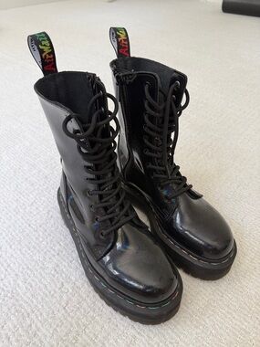 Dr. Martens Black Iridescent Patent Lace-Up Platform Boots Rainbow Stitching